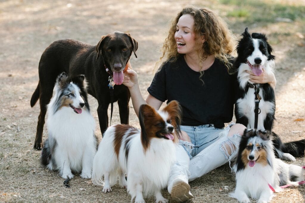 happy dog owner with her dogs playing