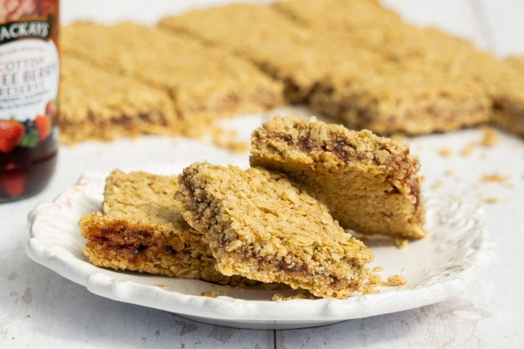 Jam Flapjack Recipe on a plate with MacKays Jam