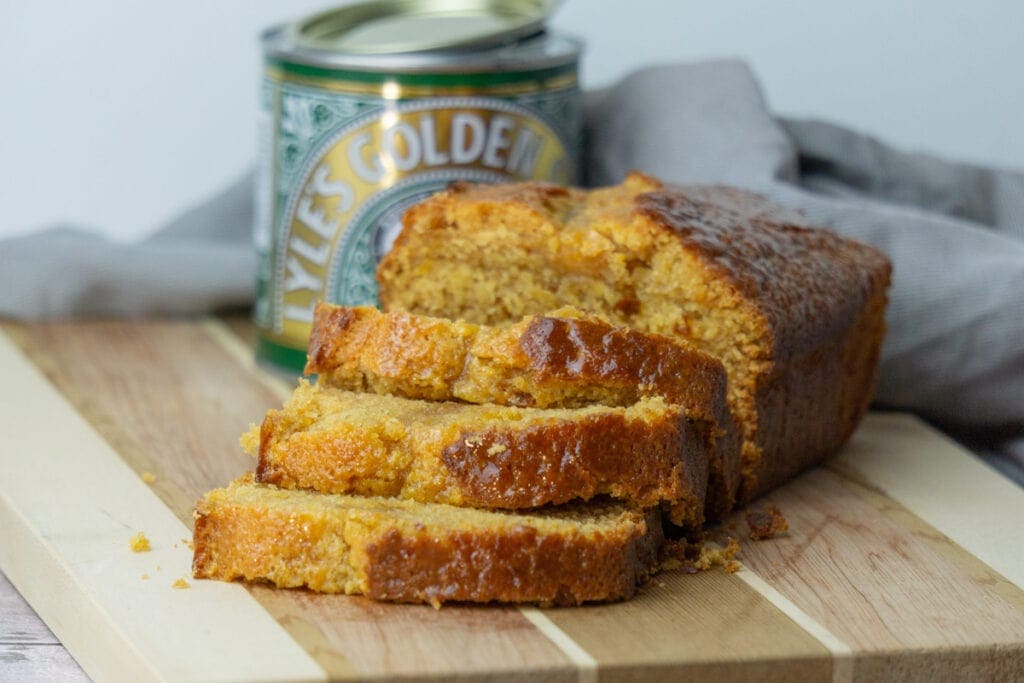 Golden Syrup Cake next to tin of Golden Syrup