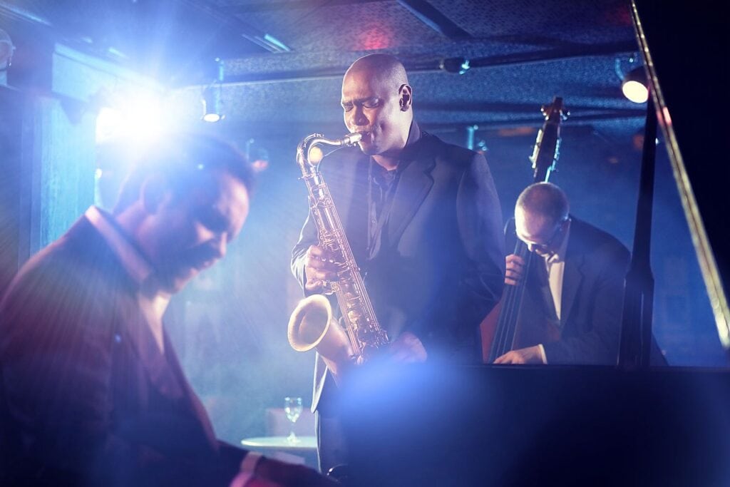 Saxophonist and musicians at a jazz concert