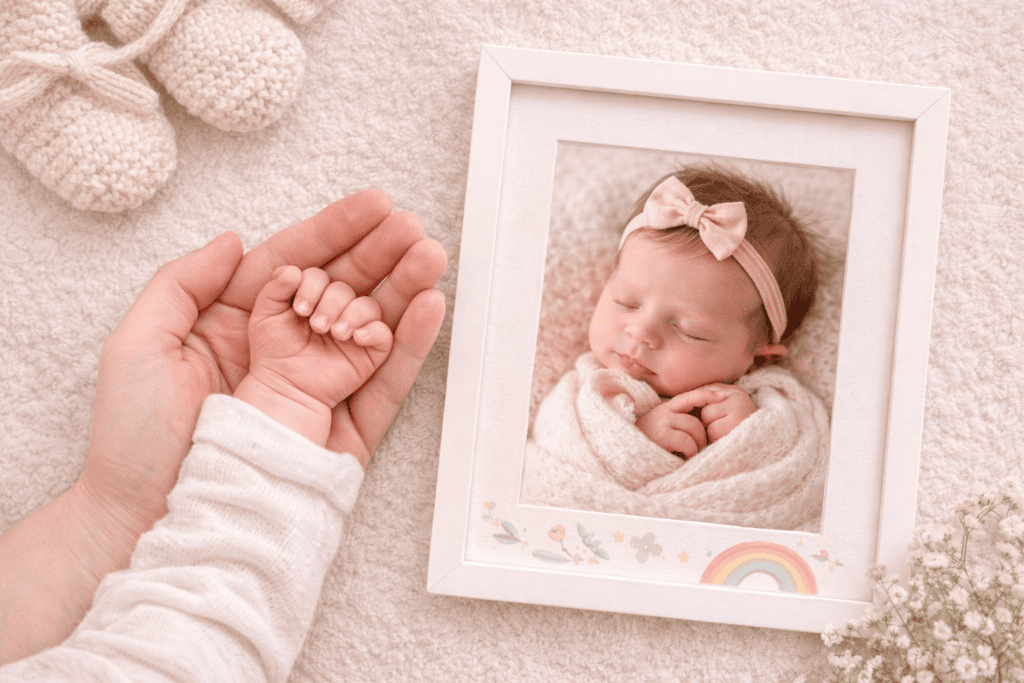Parent holding baby’s tiny hand next to framed newborn photo