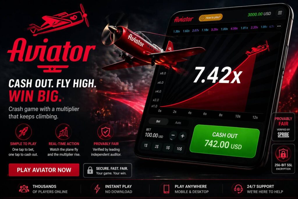 Spribe Aviator with red plane and rising crash multiplier.