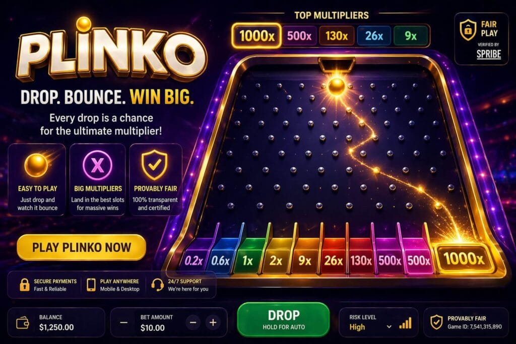 Promotional image for Spribe Plinko showing pegboard gameplay and multiplier zones