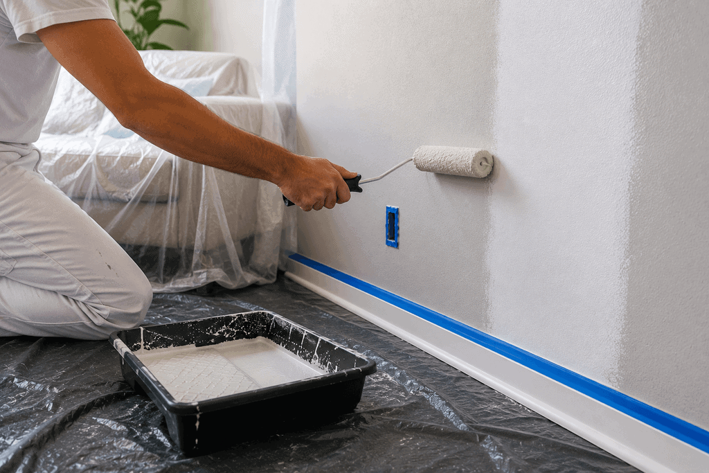 Pessoa aplicando tinta com rolo enquanto o piso e os rodapés estão protegidos.