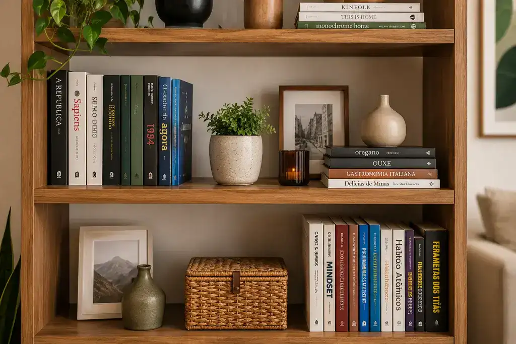Estante organizada com livros na vertical e horizontal e objetos decorativos