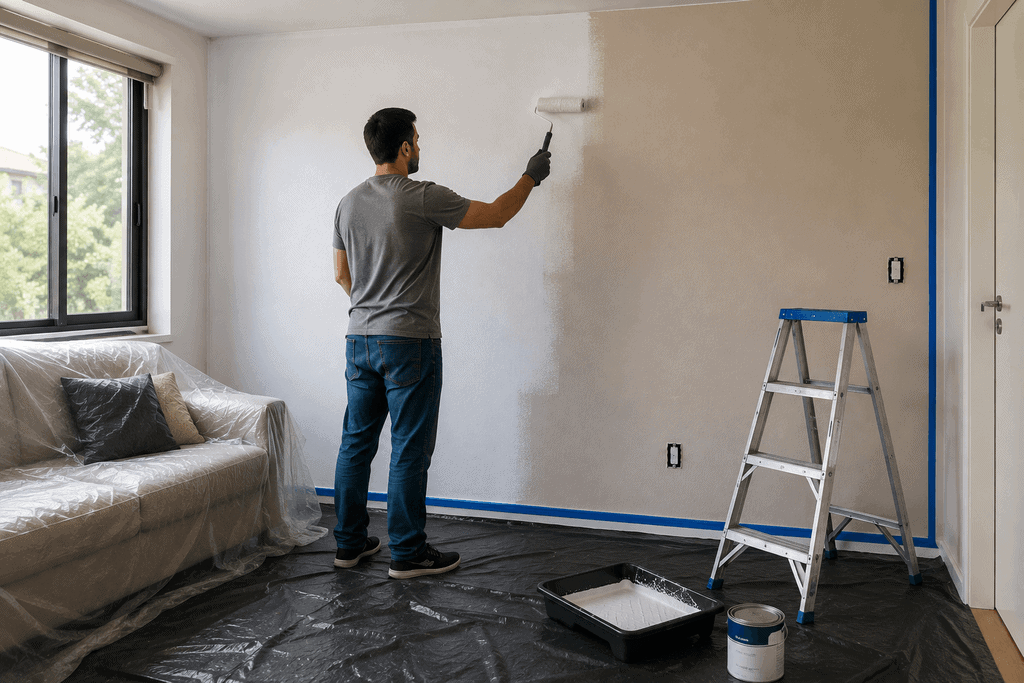 Pessoa pintando uma parede com rolo em ambiente residencial protegido contra respingos.