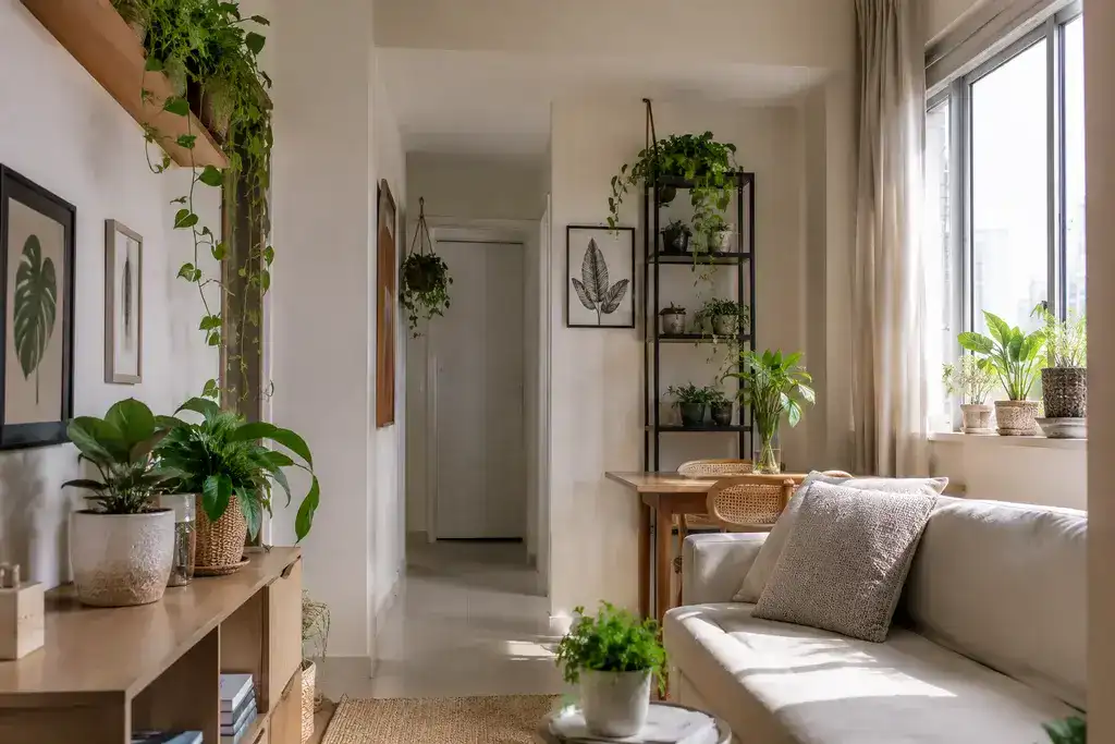 Exemplo prático de plantas para apartamentos pequenos aplicado no cotidiano de um lar compacto bem organizado.