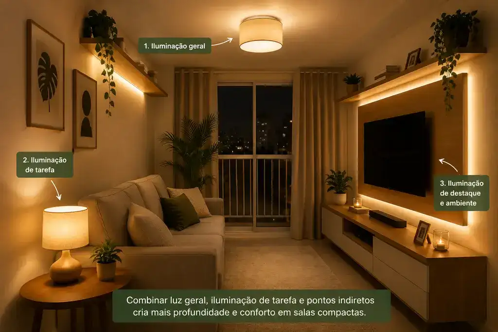 Sala pequena com diferentes camadas de iluminação
