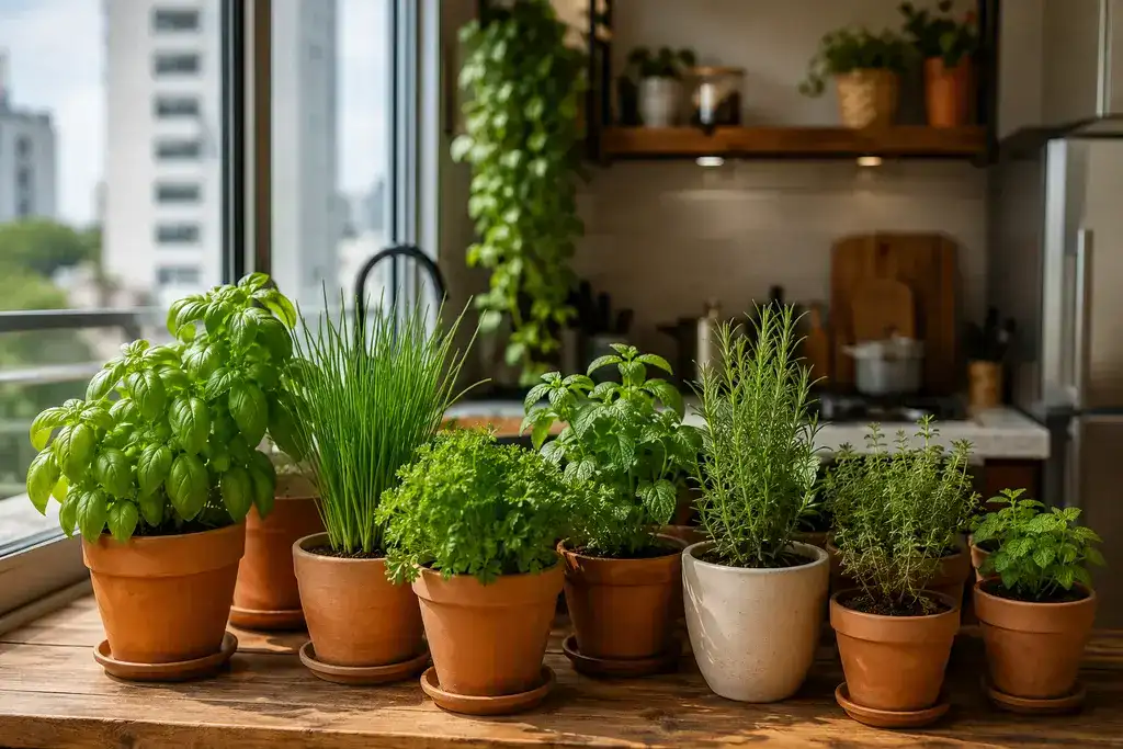 Horta de temperos em pequenos vasos próxima à janela de um apartamento.