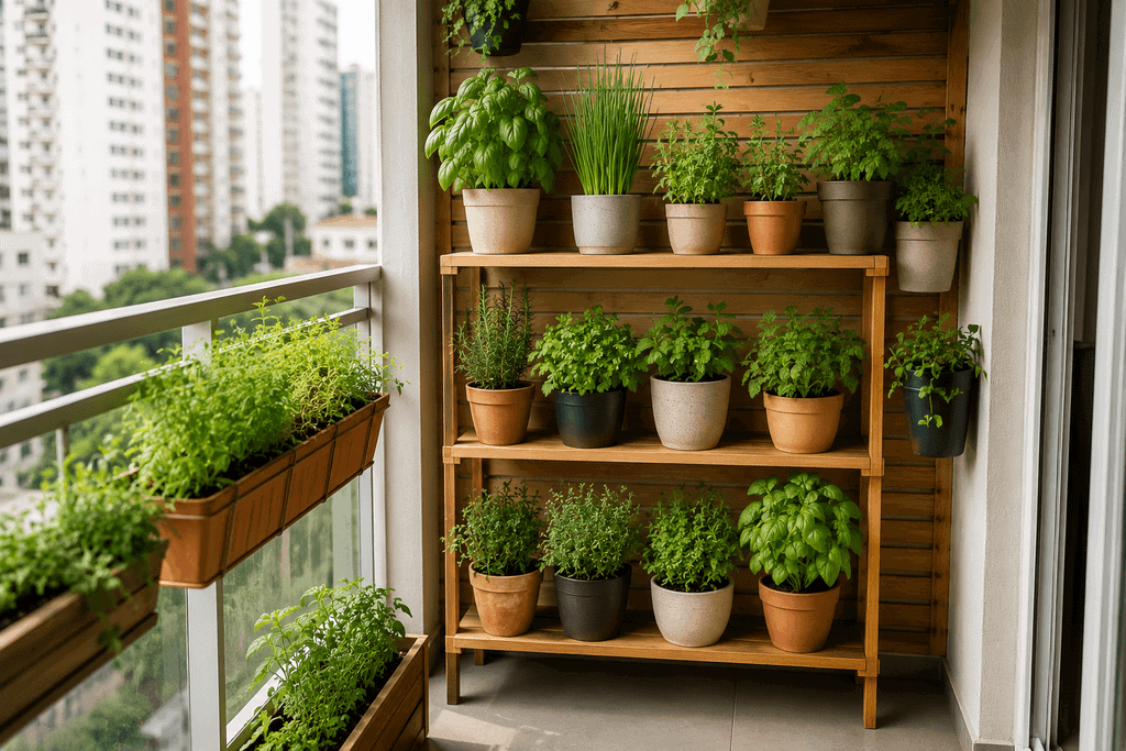 Horta vertical de temperos organizada em uma varanda compacta de apartamento.