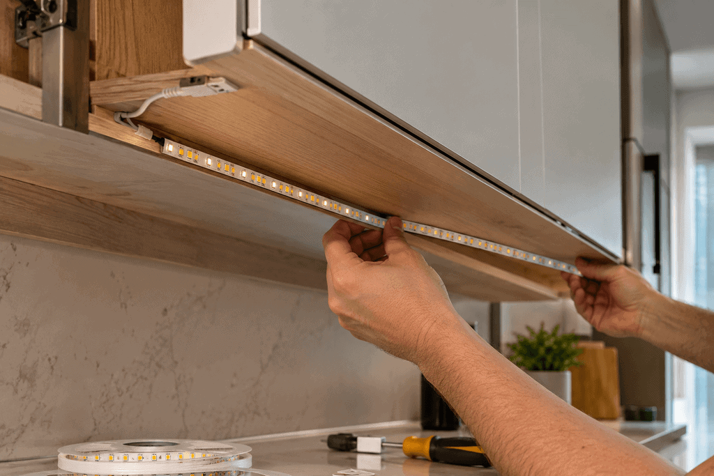 Detalhe da instalação de fita de LED na parte inferior de um armário de cozinha.