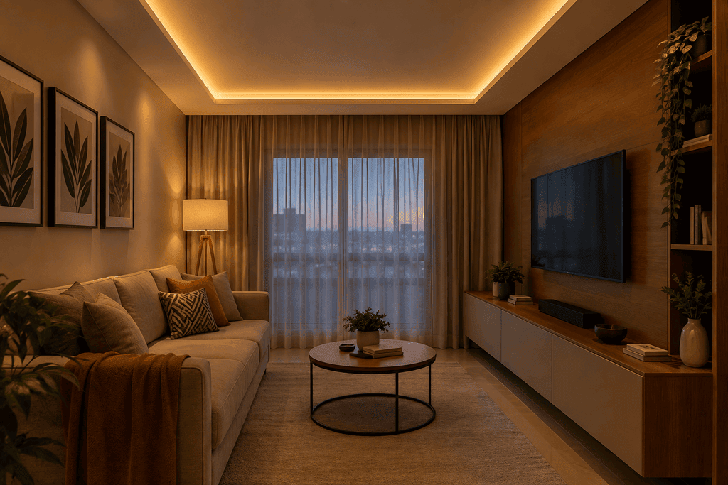 Sala de estar com sanca e iluminação indireta criada por fita de LED.