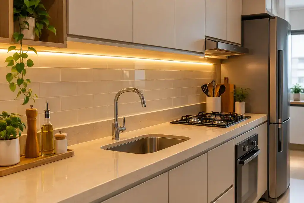 Cozinha moderna com fita de LED instalada sob armários superiores e iluminando a bancada.