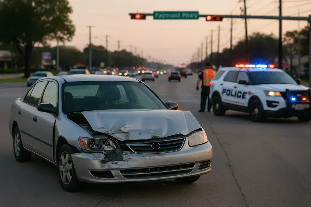 Damaged car and emergency vehicles after a crash in Pasadena, Texas