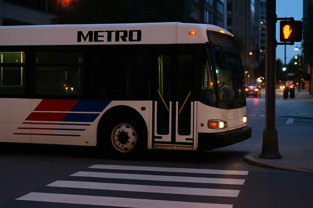 A METRO bus stopped near a crosswalk after a pedestrian accident in Houston