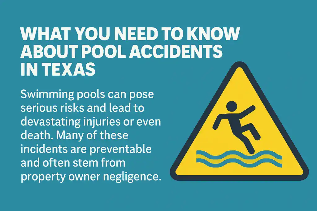 Informational banner about swimming pool accidents and property owner negligence in Texas
