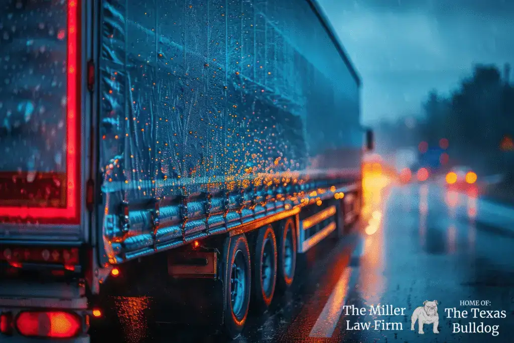 18-wheeler driving down a wet Houston highway during heavy rain