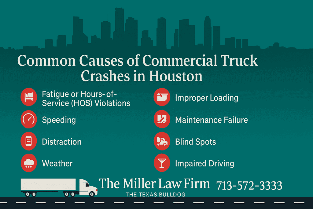 Common causes of commercial truck crashes in Houston including fatigue, speeding, distraction, improper loading, maintenance failure, blind spots, impaired driving, and weather.