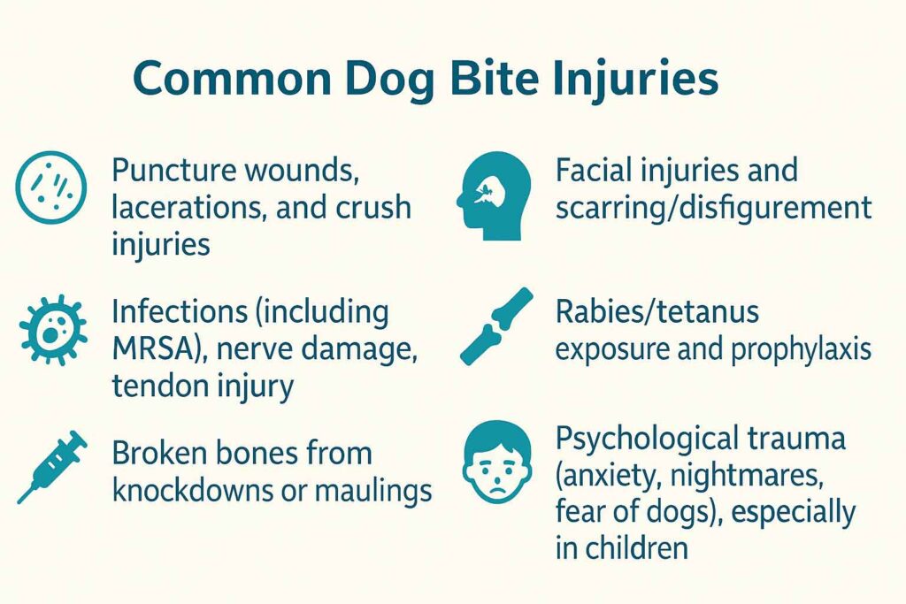 Common dog bite injuries infographic (puncture wounds, infections, facial scarring, fractures, rabies/tetanus, psychological trauma)
