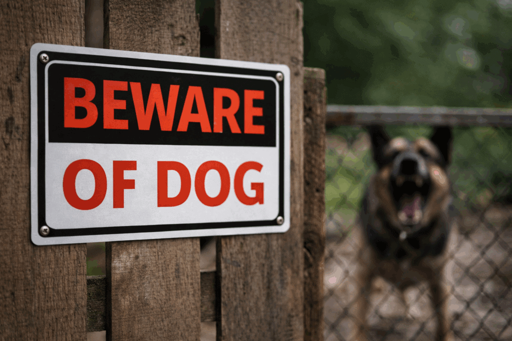 Beware of dog sign on a fence warning pedestrians of a potentially dangerous dog in a Texas neighborhood