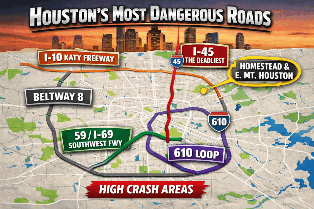 Map highlighting Houston’s most dangerous roads, including I-45, I-10, Beltway 8, US-59/I-69, Loop 610, and the Homestead and East Mount Houston area