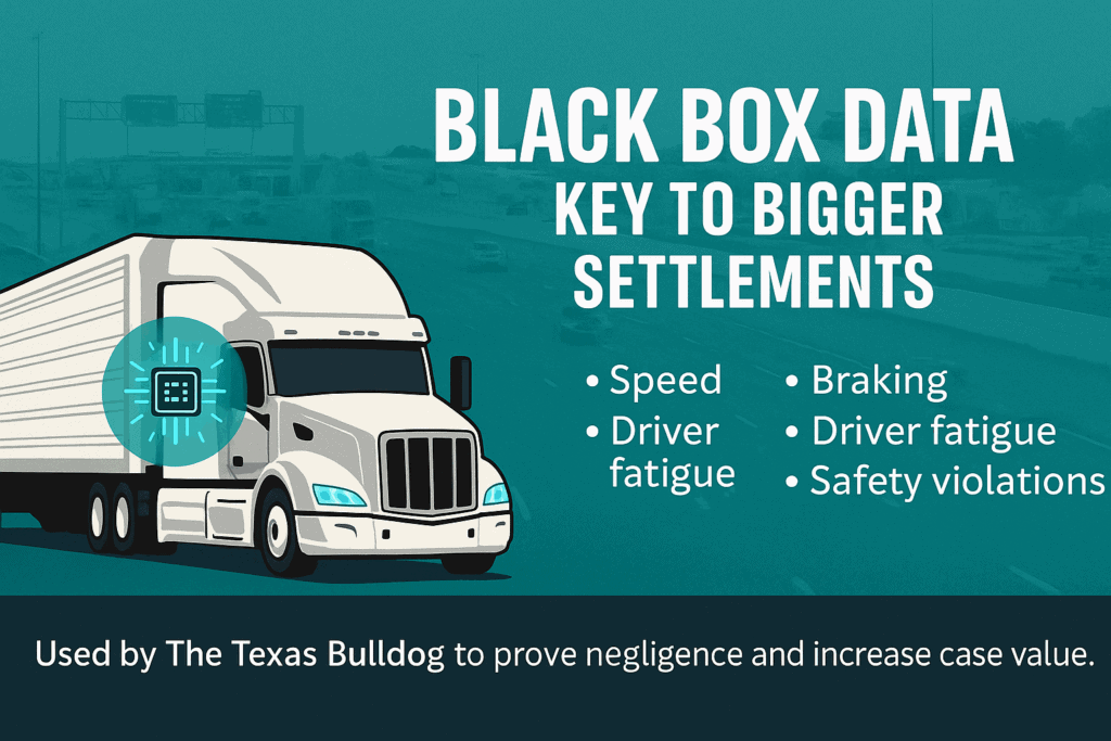 Graphic showing how black box data impacts an 18-wheeler accident settlement, including speed, braking, driver fatigue, engine logs, and safety violations. The image includes a semi-truck and Texas Bulldog branding.