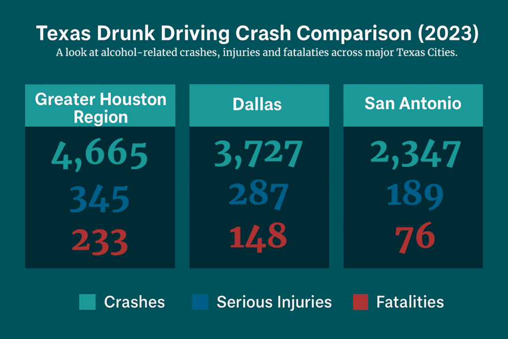 Side-by-side chart comparing 2023 drunk driving crashes, serious injuries, and fatalities in Greater Houston, Dallas, and San Antonio.