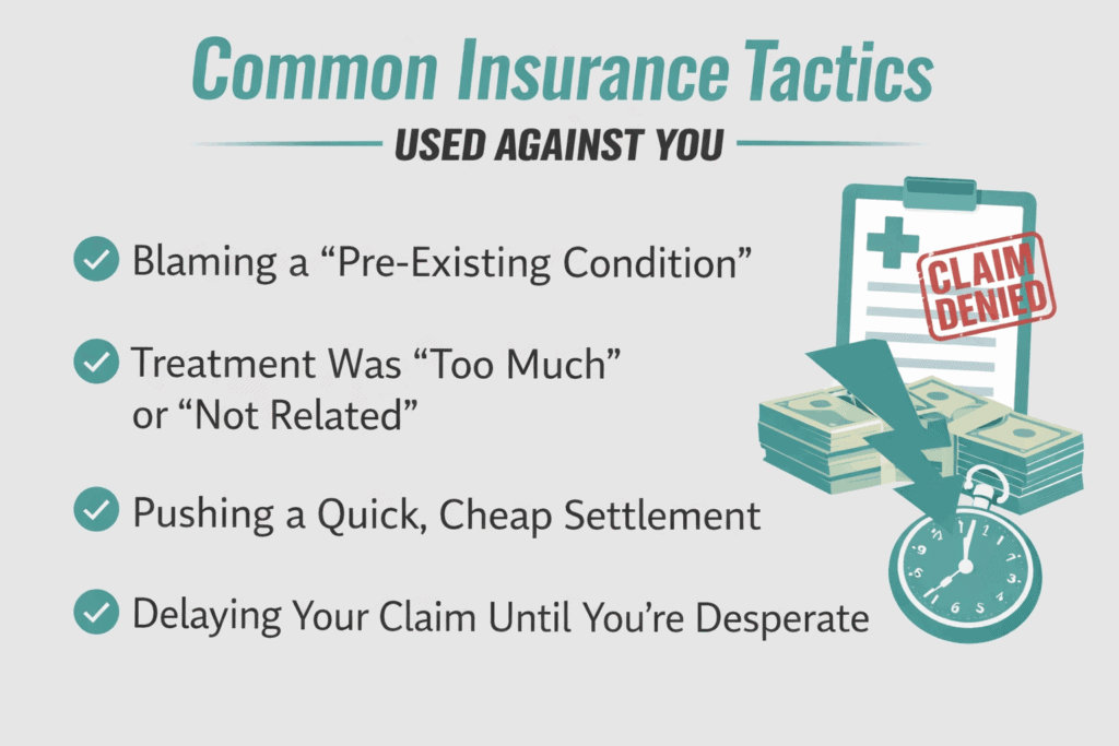 Common insurance tactics used to reduce injury claims, including blaming pre-existing conditions, disputing treatment, delaying claims, and pushing quick settlements
