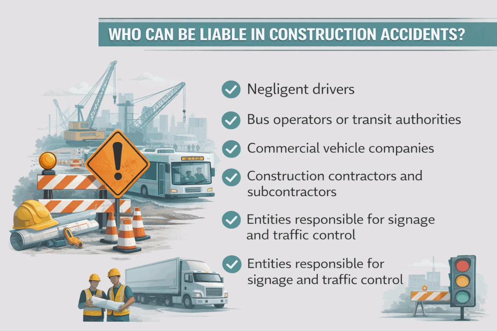 Infographic showing who can be liable in a Houston construction accident, including negligent drivers, bus operators, commercial vehicle companies, construction contractors, and traffic control entities