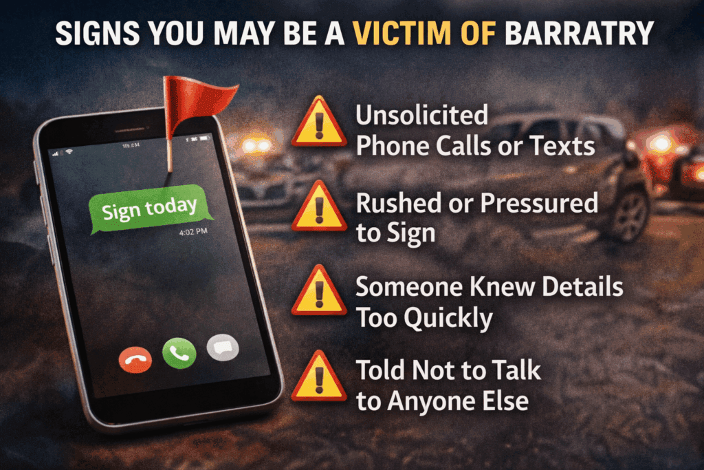 Signs you may be a victim of barratry in Texas, including unsolicited calls, pressure to sign, and illegal lawyer solicitation after an accident
