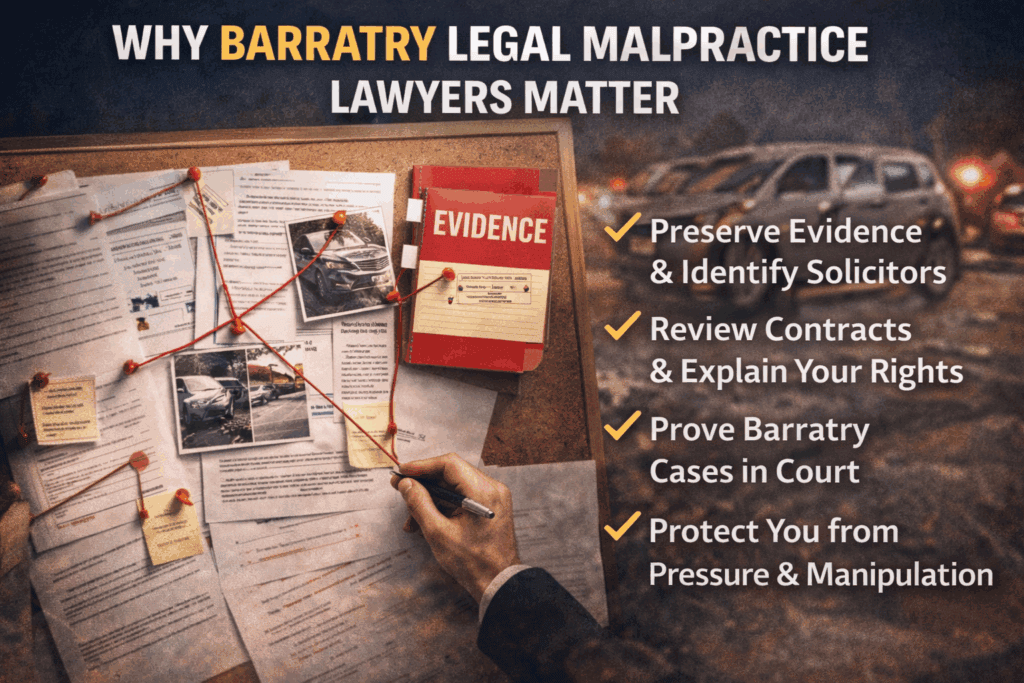 Why barratry legal malpractice lawyers matter in Houston, including preserving evidence, reviewing contracts, and protecting victims from illegal solicitation