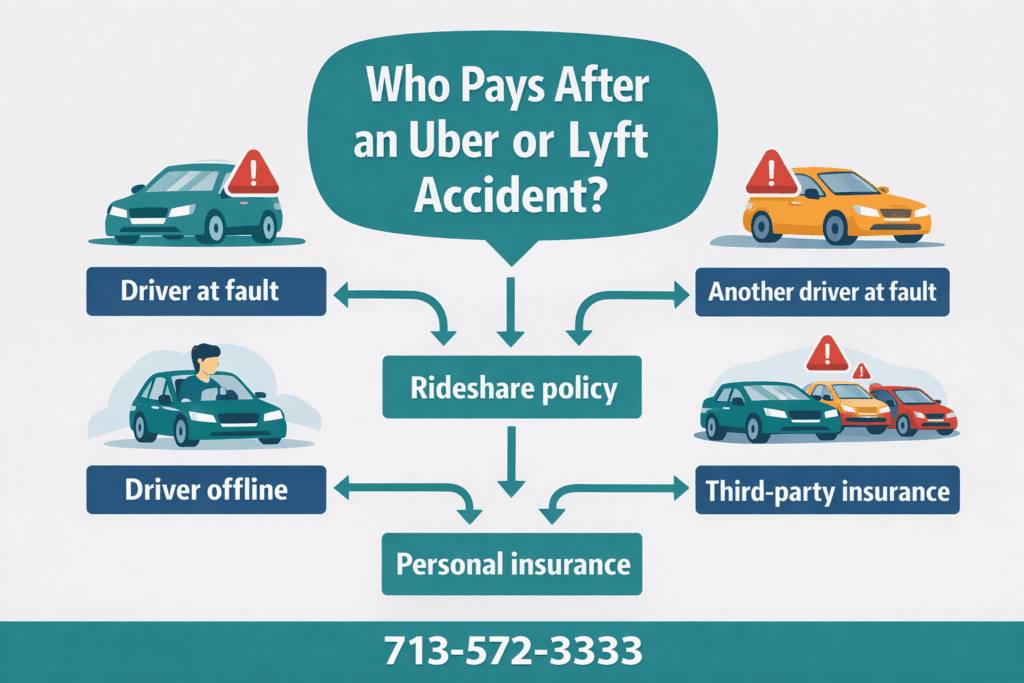 Flowchart showing who pays after an Uber or Lyft accident in Texas based on driver fault and insurance coverage