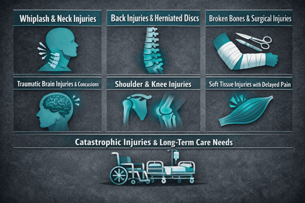 Infographic showing common personal injury types in Houston including whiplash, back injuries, broken bones, traumatic brain injuries, shoulder and knee injuries, soft tissue injuries, and catastrophic injuries.