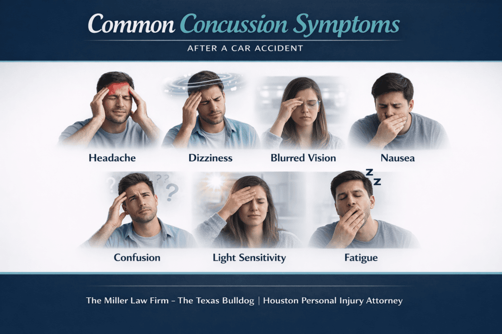 Common concussion symptoms after a car accident including headaches dizziness confusion nausea and sensitivity to light