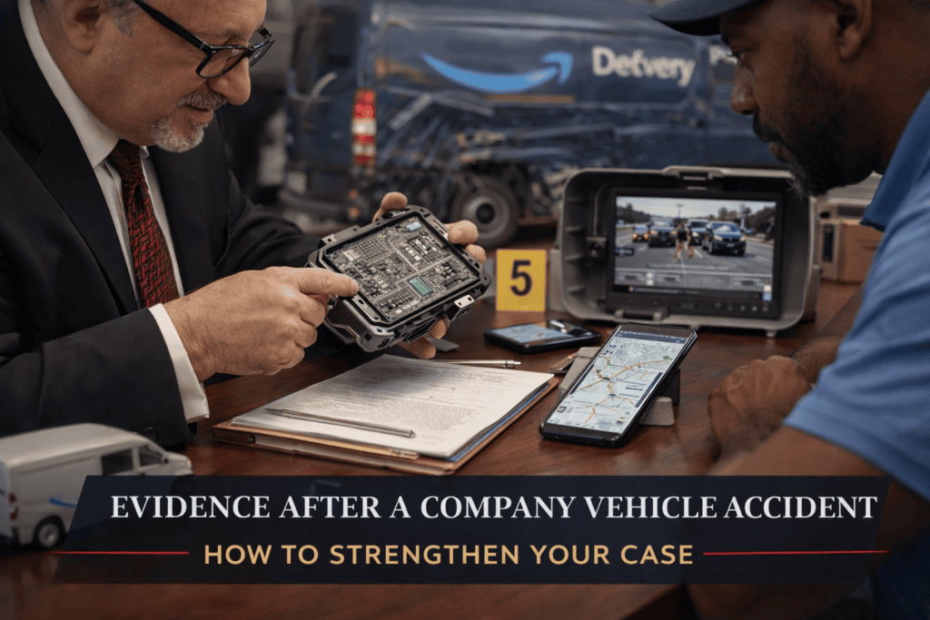 Houston company vehicle accident lawyer reviewing black box and GPS evidence after delivery van crash