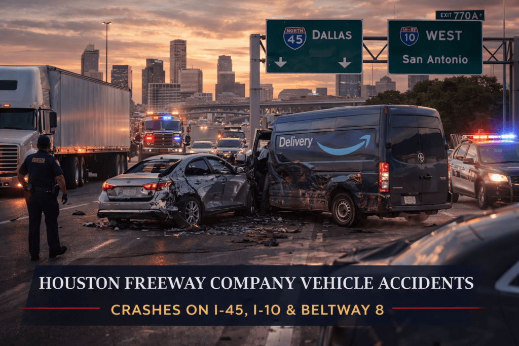 Company delivery van crash on I-45 in Houston with emergency response vehicles