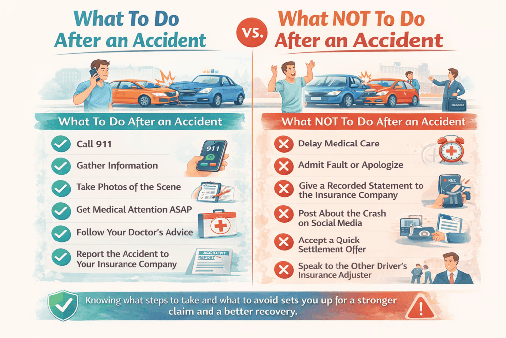 Infographic showing what to do and what not to do after a car accident including calling 911, getting medical care, and avoiding insurance mistakes