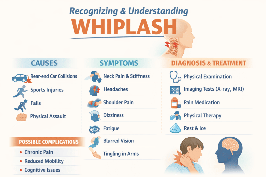 Whiplash injury infographic showing causes, symptoms, diagnosis, and treatment after a car accident