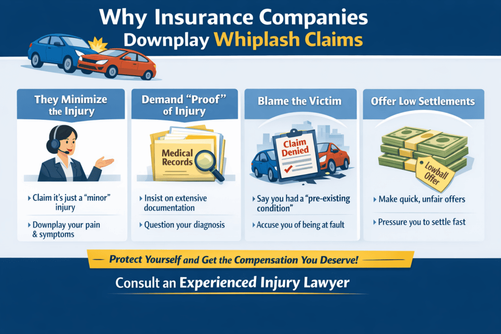 Infographic explaining why insurance companies downplay whiplash claims including low settlement offers, blaming victims, and questioning injuries