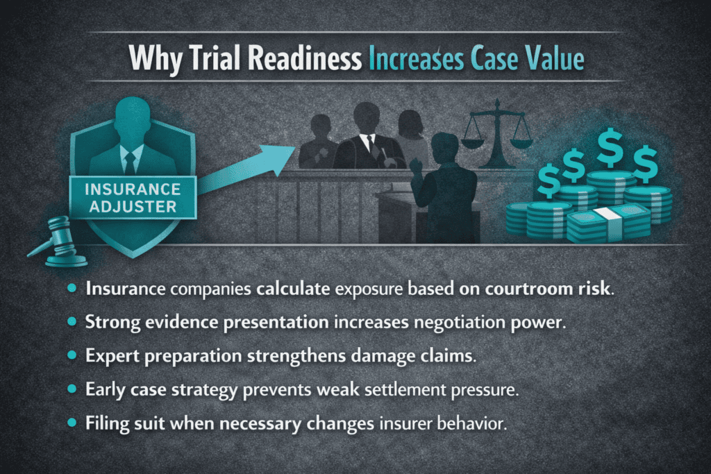 Infographic explaining how trial readiness increases settlement value in Houston injury cases by increasing insurance company risk and negotiation leverage.