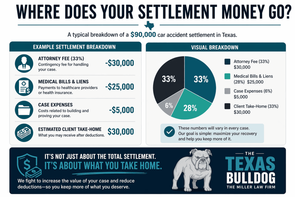 Example of a $90,000 car accident settlement breakdown showing attorney fees, medical bills, case expenses, and client take-home amount