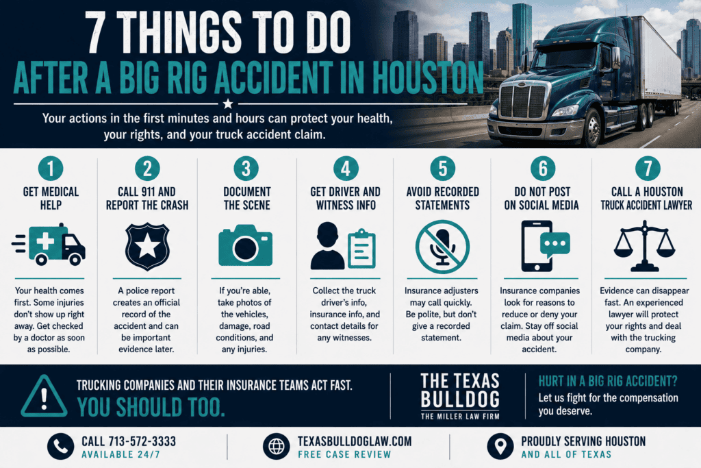 Infographic showing 7 things to do after a big rig accident in Houston