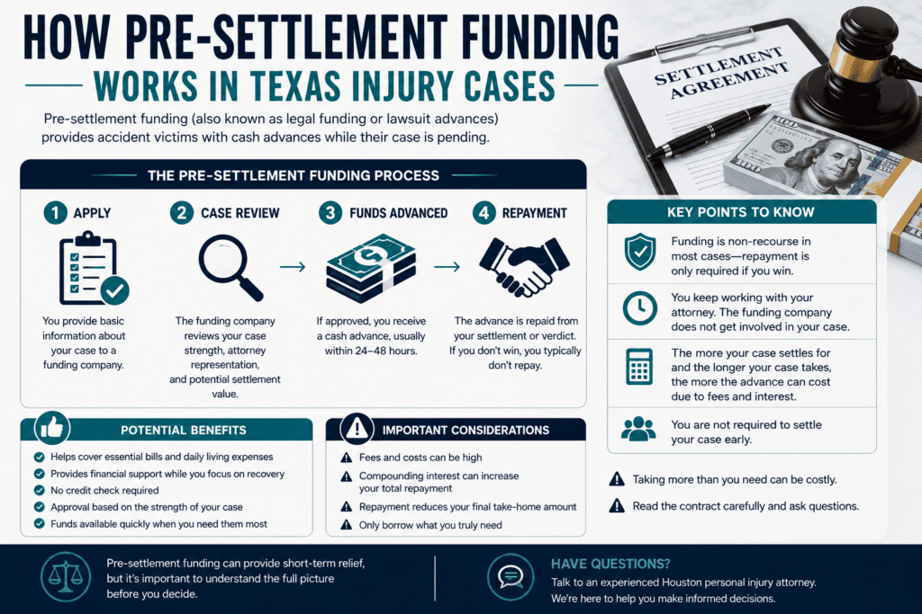 Infographic explaining how pre-settlement funding works for Houston personal injury cases including benefits and risks