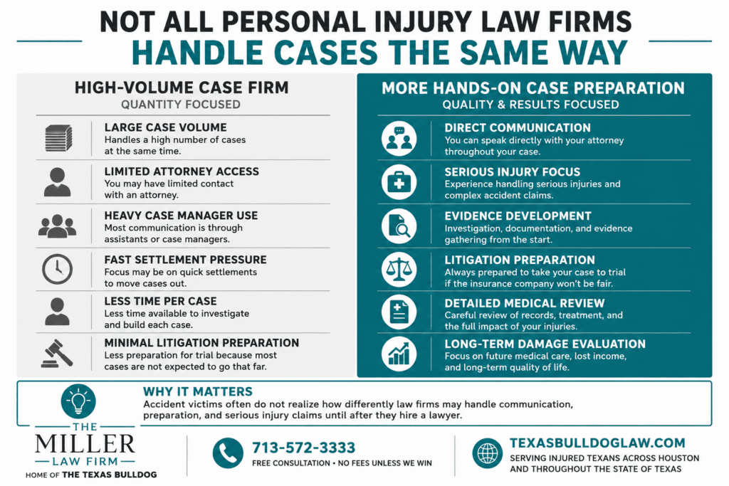 Comparison infographic showing differences in how Texas personal injury law firms handle injury cases