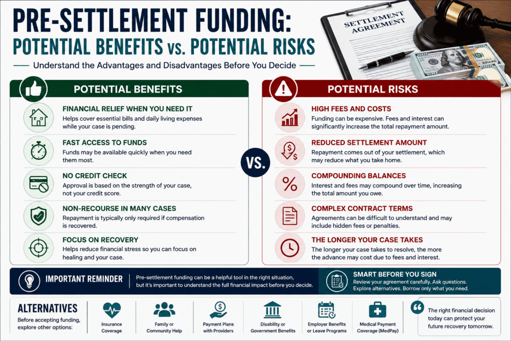 Comparison infographic showing the benefits and risks of lawsuit funding for accident victims in Houston