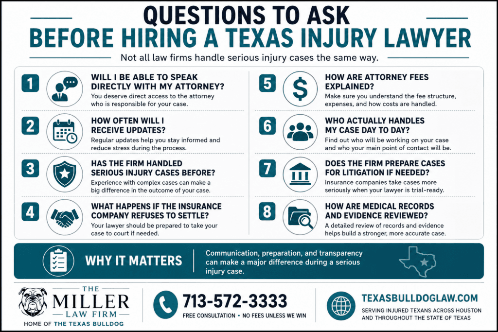 Checklist infographic showing questions to ask before hiring a Texas personal injury lawyer