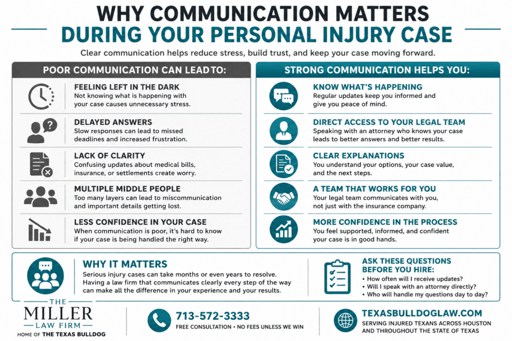 Infographic explaining why communication matters during a Texas personal injury case