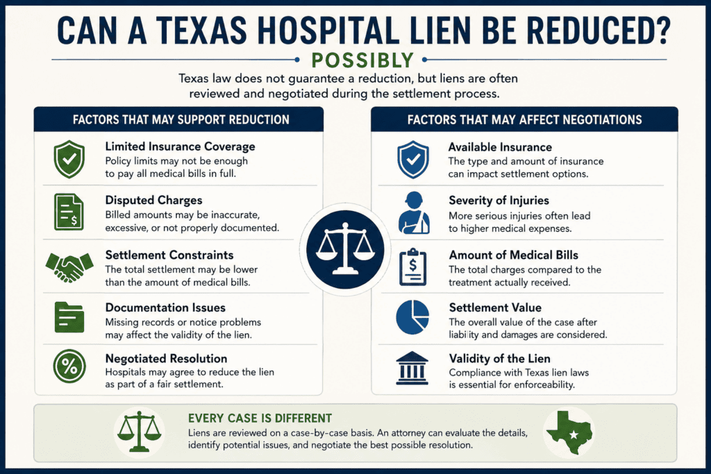 Infographic explaining factors that may affect whether a Texas hospital lien can be reduced or negotiated during a personal injury settlement.