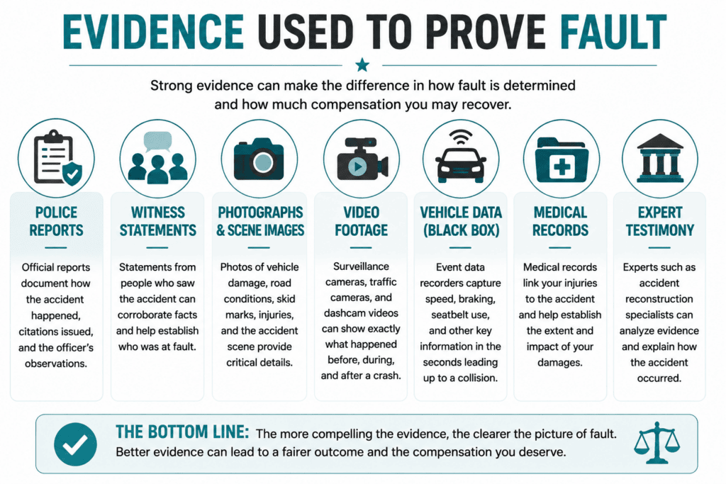 Infographic showing the types of evidence used to prove fault in a Texas accident case, including police reports, witness statements, photographs, video footage, black box data, medical records, and expert testimony.