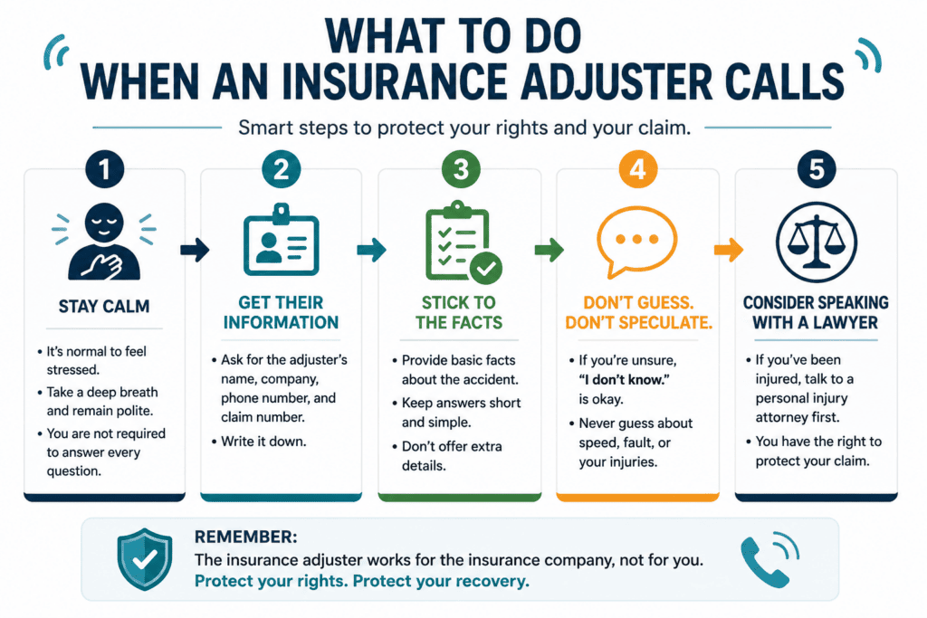 Infographic outlining five steps to take when an insurance adjuster calls after a Texas car accident.